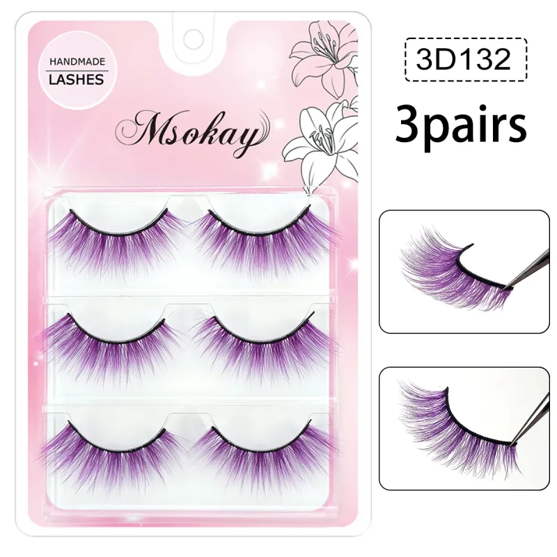 3 זוגות ריסים בצבעי קשת בענן חום קוספליי ריסים מלאכותיים ריסים בלונד איפור עיניים ריסים כחולים צבעוניים ליל כל הקדושים סיליאס טבעוניים — image 10