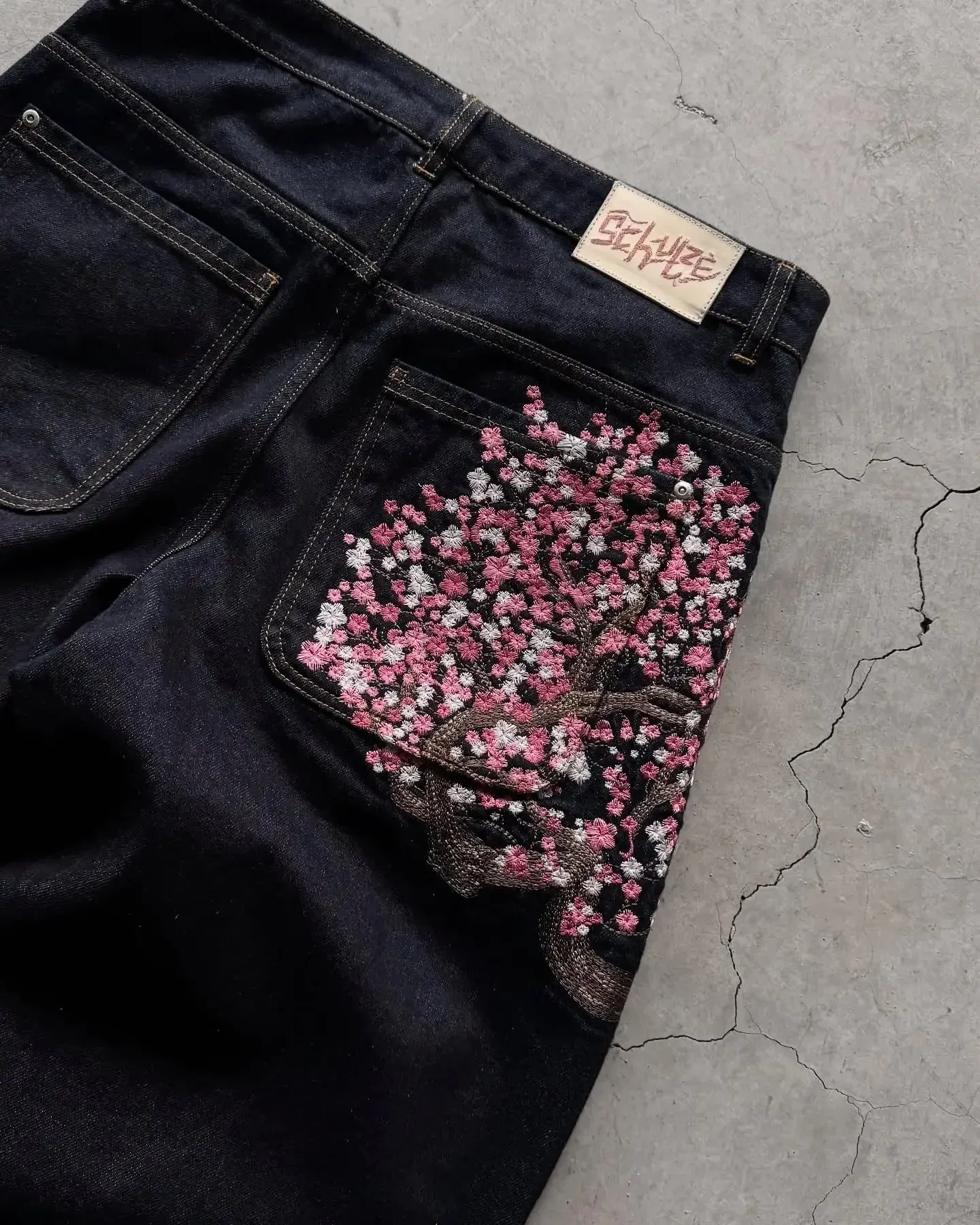 Harajuku Patchwork Κέντημα Cherry Blossom Παντελόνι τζιν Y2k Vintage Γυναικείο φαρδύ ίσιο φαρδύ τζιν Ανδρικά ρούχα Street — image 3