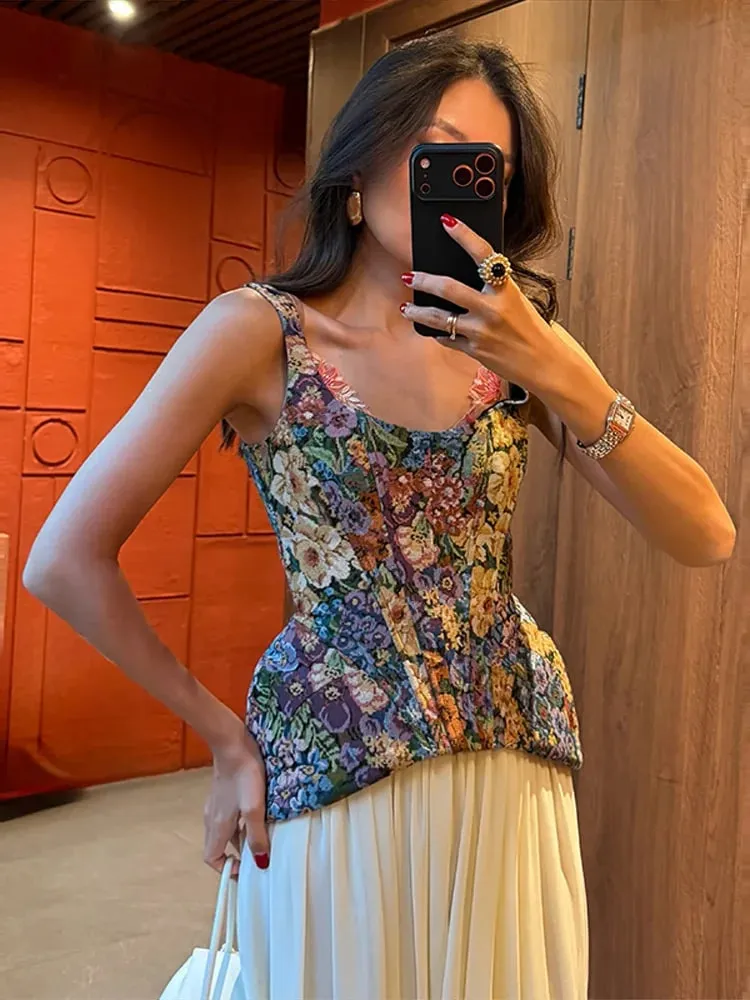 Floral print Cami Corset Top Λεπτές τιράντες U Lady Structured Waist pointed Hem Vintage 2026 Spring Summer Vacation Lady Chic Top