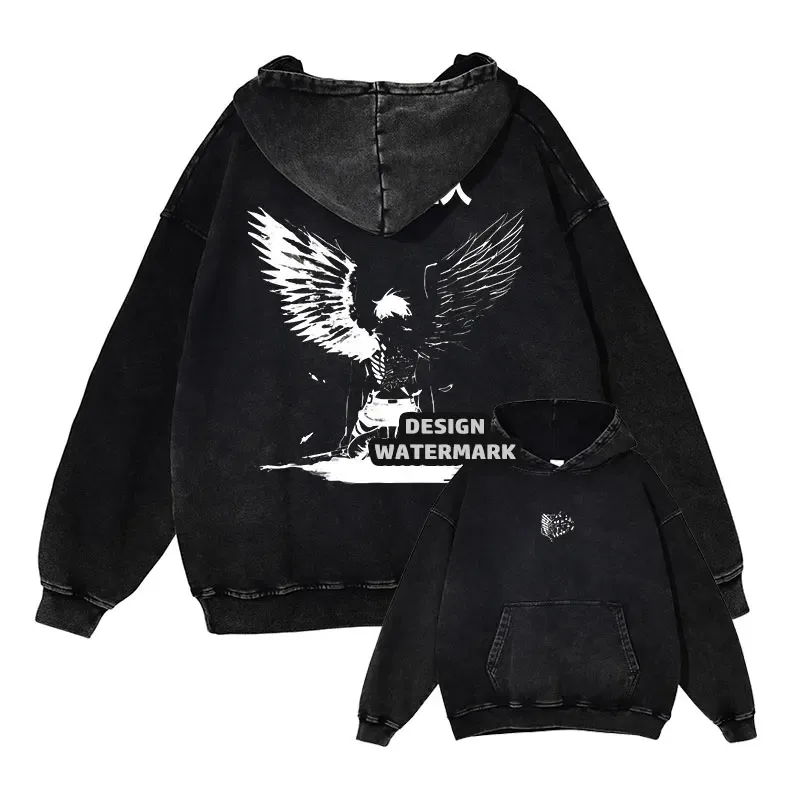 Anime Levi Hoodies Vintage Washed A-Attack on Titan Hoodie Casual Manga Yeager Eren Kapuzenpullover Titan Attack Pullover — image 21