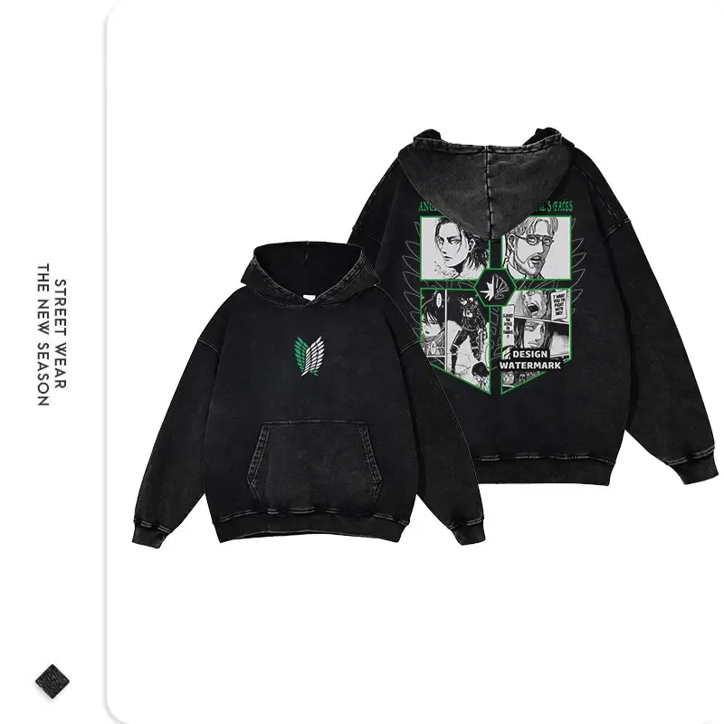 Anime Levi Hoodies Vintage Washed A-Attack on Titan Hoodie Casual Manga Yeager Eren Kapuzenpullover Titan Attack Pullover — image 11