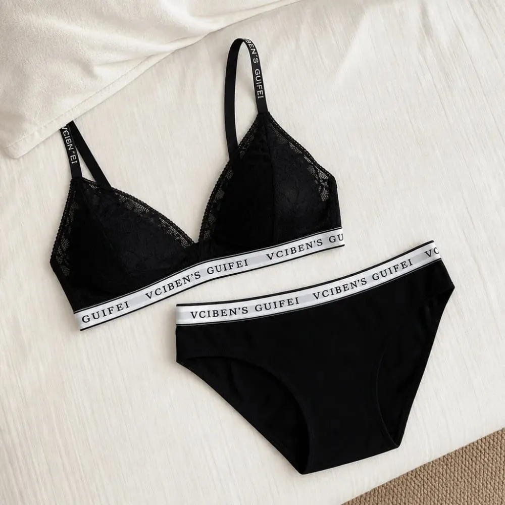 Breathable Letter Design Lingerie Set Lace Deep V Women Underwear Suit Wireless Color Blocking Bra Panties Set Girl — image 3