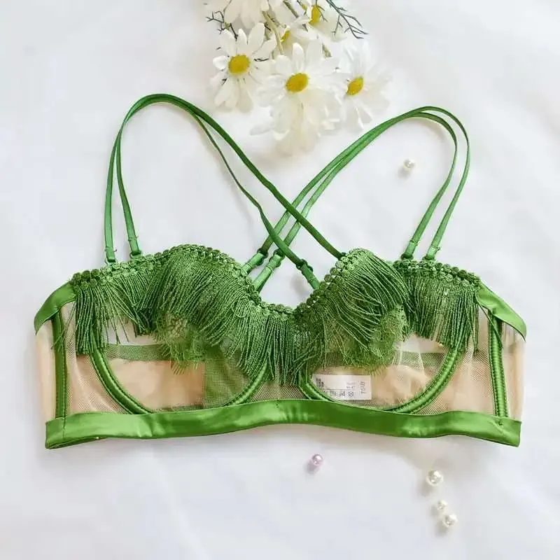 סט חזיית חזייה צרפתית סקסית קלה יוקרתית - Sheer Mesh Minimizer Bralette Ultra-Thin Lace הלבשה תחתונה מכירה מוגבלת במלאי