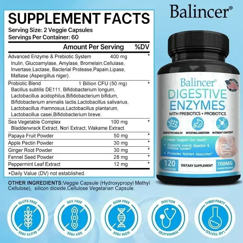 Organic Digestive Enzyme Probiotic Capsules Prebiotic Nutrition Digestion and Gut Health Immunity Suitable for Adults and Men