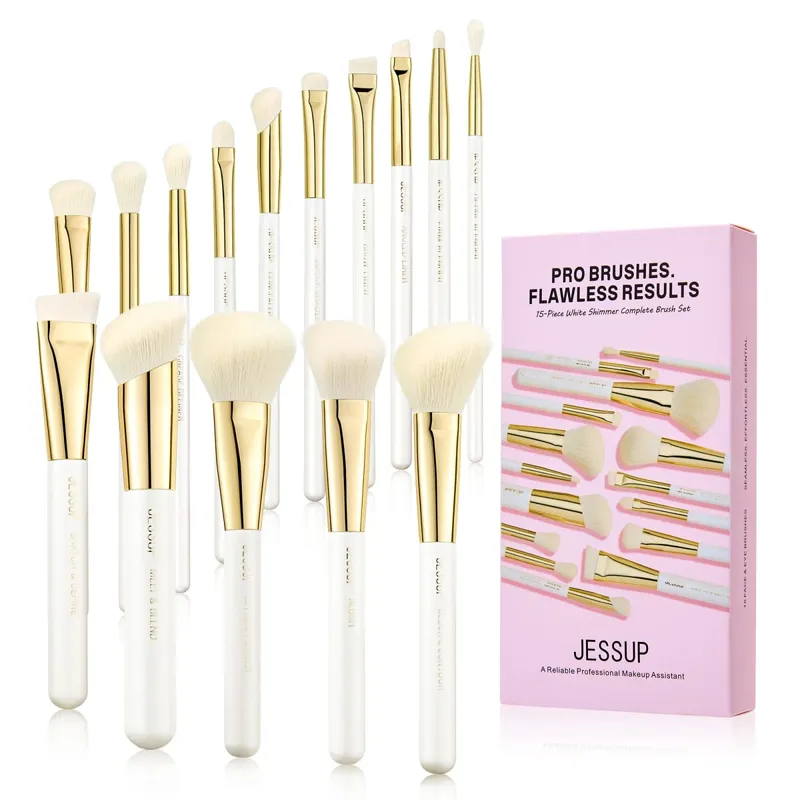 Jessup conjunto de pincéis de maquiagem, 15 peças, pincel de maquiagem branco, base, contorno, corretivo, sombra sintética premium, ferramentas cosméticas t518