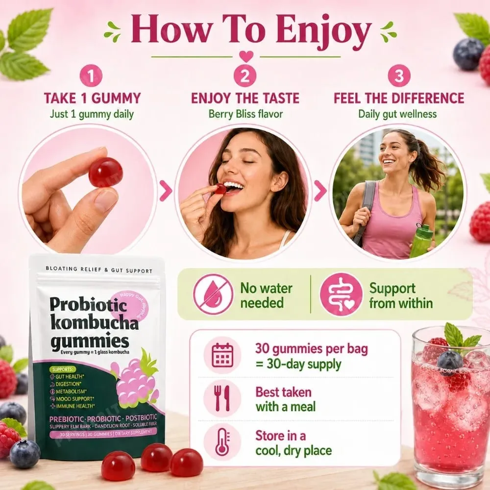 Probiotikus kombucha gumicukor minden gumicukorral 1 pohár Kombucha prebiotikus posztbiotikus emésztőszervek egészsége Vegán bogyós 30 gumicukor — image 6