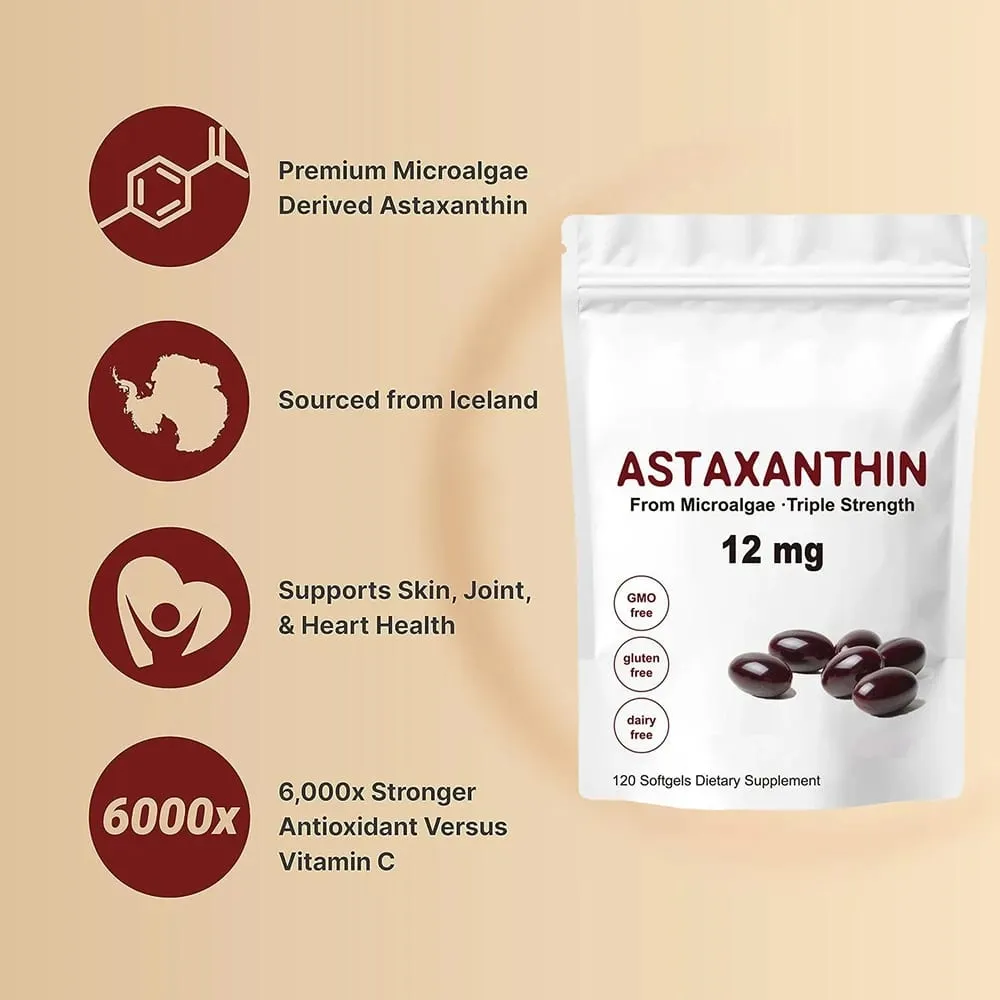 Astaxanthin 12mg Softgels - תוספי נוגדי חמצון Astaxanthin תומכים בעור מפרקי העין ובריאות מחזור הדם שיזוף טבעי