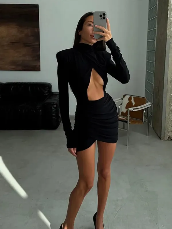 Solid Single-breasted A-line Mini Dress 2026 Elegant Women's V Collar Full Sleeve High Waist Vestidos Lady Commute Street Gowns — image 13