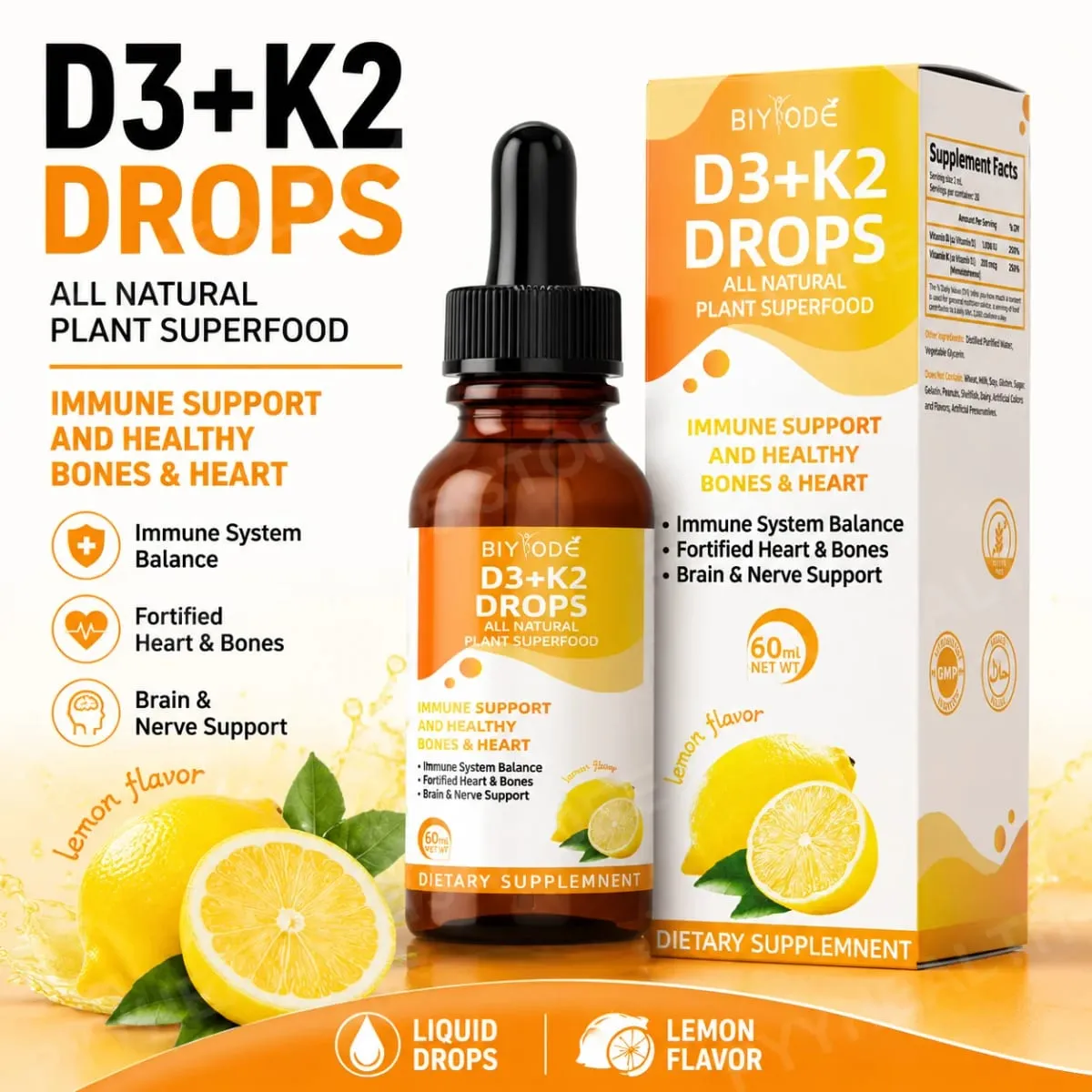 Vitamin D3 K2 Liquid Drops Calcium Absorption and Bone Support 1000 IU D3 with K2 Lemon Flavor 60 ml 30 Servings — image 2