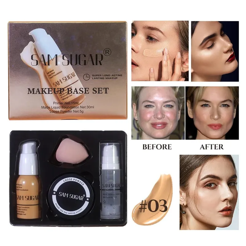 Σετ βάσης μακιγιάζ με 15ml Primer 30ml Matte Foundation 5g Loose Powder Puff για λεία και άψογη επιδερμίδα Μακριά ρούχα