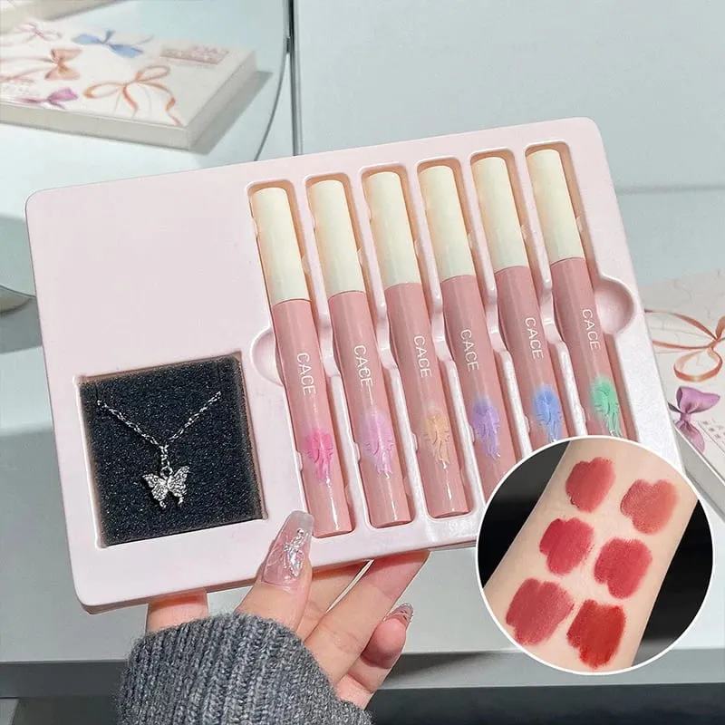 6 Χρώματα Ματ Υγρό Κραγιόν Σετ Μακιγιάζ Ματ μακράς διάρκειας Lipgloss Tint Αδιάβροχο Lip Mud με κολιέ Δώρο Καλλυντικά — image 2