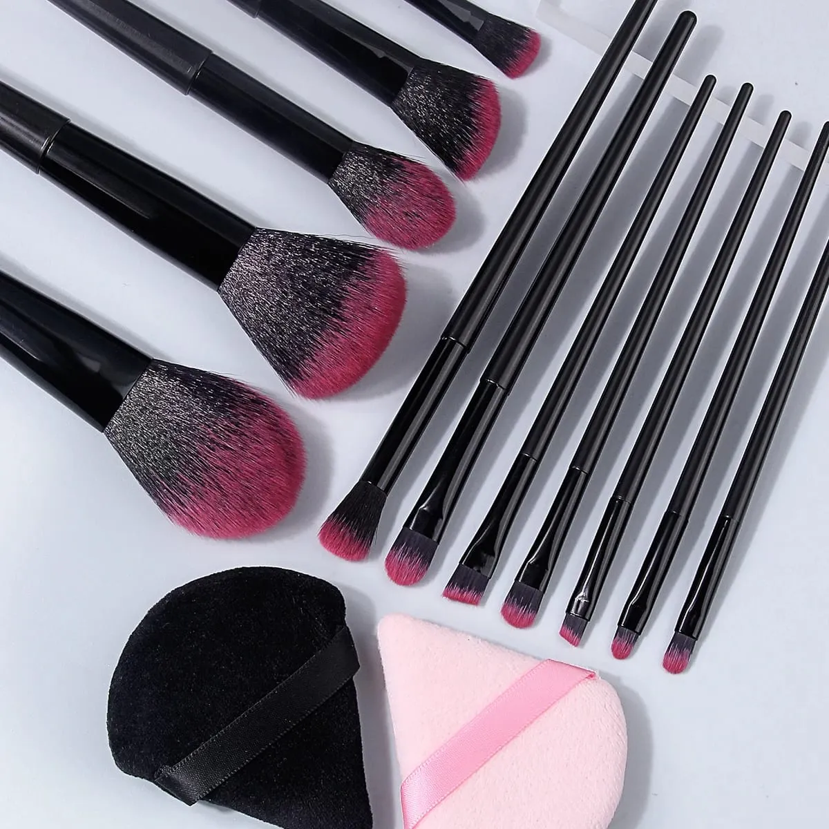 Hot Sale 14Pcs Complete Brushes Makeup Kit Απαλά, φιλικά προς το δέρμα, χνουδωτά καλλυντικά πινέλα με μαύρα & ροζ τρίγωνα τζούρες μακιγιάζ — image 5
