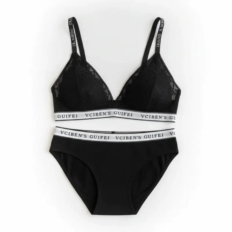 Breathable Letter Design Lingerie Set Lace Deep V Women Underwear Suit Wireless Color Blocking Bra Panties Set Girl — image 6
