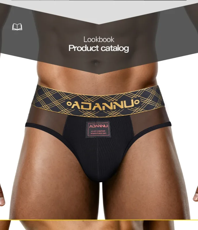 Luxury Ice Silk Men's Underwear with Gold Thread Embroidery Waistband Ultra-Thin Transparent Mesh Quick-drying Briefs for Men