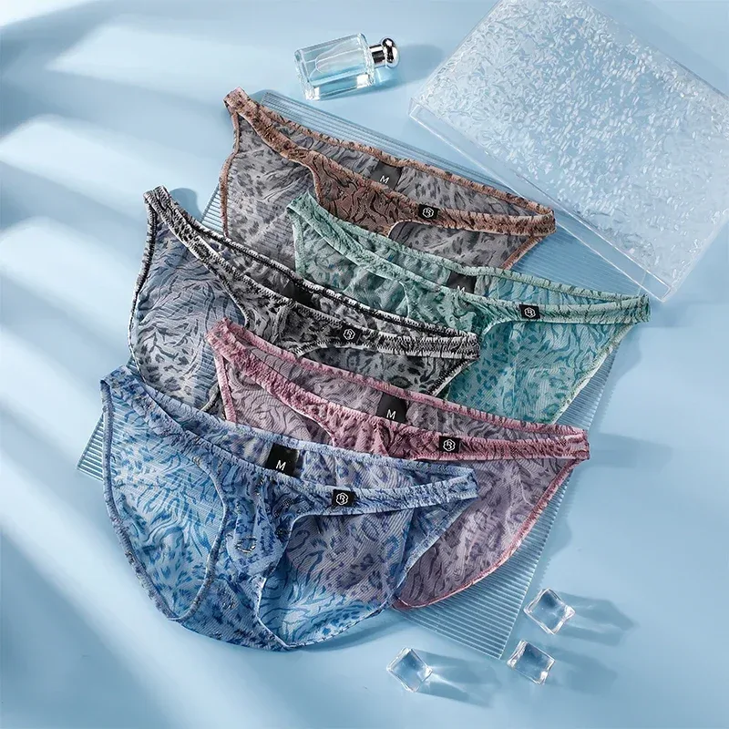 Men Leopard Printed Mesh Underwear Ice Silk Thin Breathable Low Waist Quick Dry Cool Summer Mens Briefs Panties