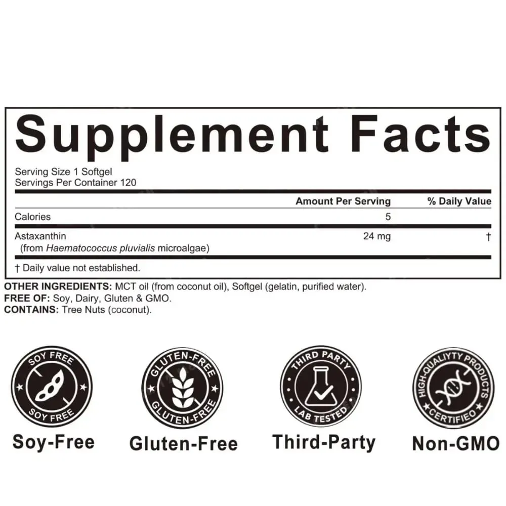 Astaxanthin Softgels 24mg Triple Strength Powerful Antioxidant Eye Health Support Microalgae Soy Free Gluten Free 120 Count