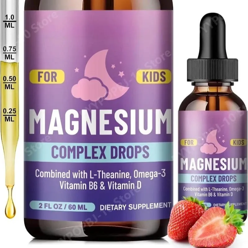 Kids Magnesium Glycinate Liquid Drops with L-theanine Omega-3 Vitamin B6 D3 for Sleep Relaxation 2 Fl Oz Strawberry Flavor — image 1