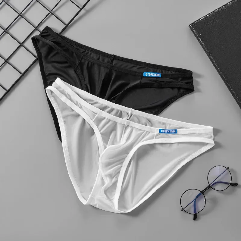 Men's Sexy Underwear Thin Ice Silk Translucent Briefs U Pouch Ropa Interior Hombre Male Panties