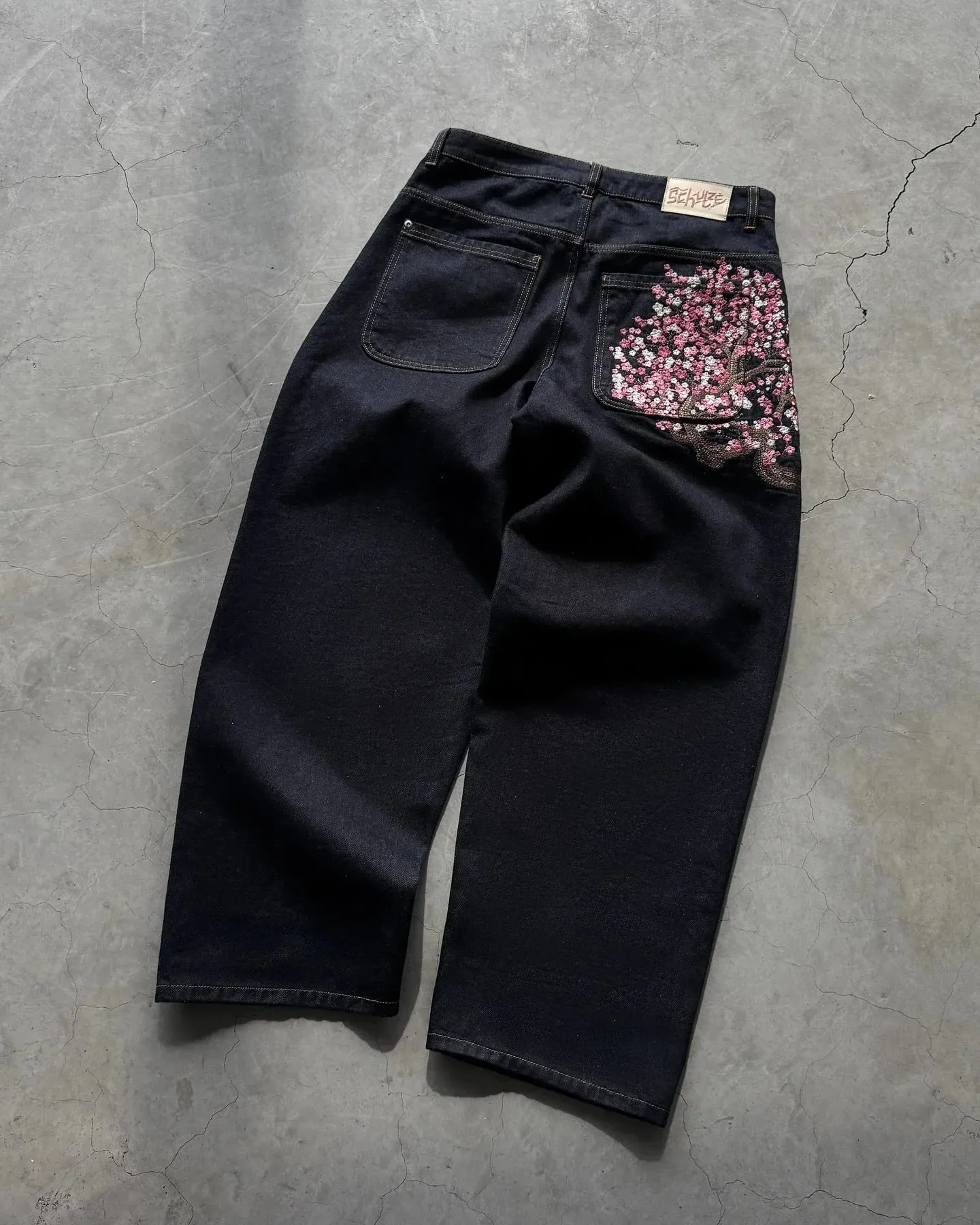Harajuku Patchwork Κέντημα Cherry Blossom Παντελόνι τζιν Y2k Vintage Γυναικείο φαρδύ ίσιο φαρδύ τζιν Ανδρικά ρούχα Street — image 4