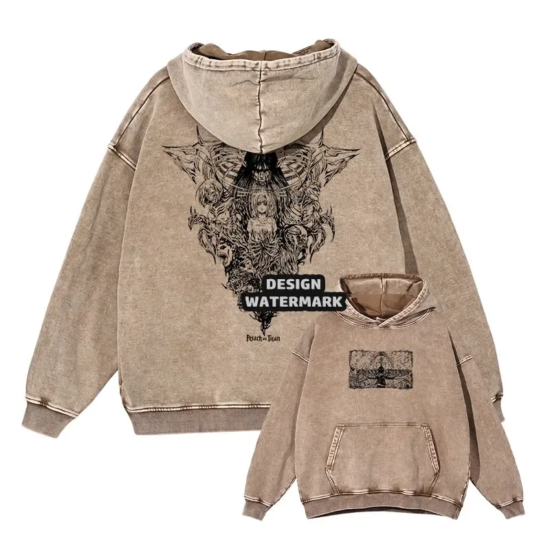 Anime Levi Hoodies Vintage Washed A-Attack on Titan Hoodie Casual Manga Yeager Eren Kapuzenpullover Titan Attack Pullover — image 20