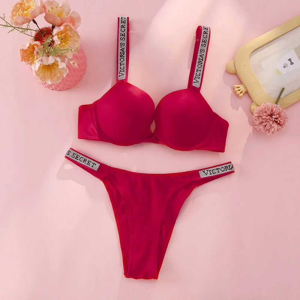 VS Very Sexy Logo Shine Strap Tropical Floral Push Up Bra Shine Script Thong Panty Victoria Secret Sexy Lingerie Set — image 7