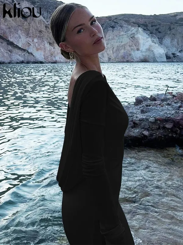 kliou Μασίφ Κομψό Γυναικείο Μαξί Φόρεμα Απλό Φθινοπωρινό Classic Trend Ολόσωμο μανίκι αιωρούμενη εξώπλατη θήκη Vestidos Mujer Βραδινή ρόμπα