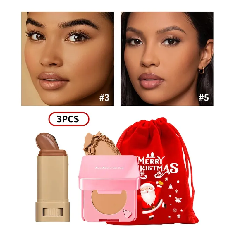 3Pcs Foundation Stick Face Pressed Powder Compact with Christmas Drawstring Bag Long Lasting Matte Face Cosmetic Christmas Gift — image 10