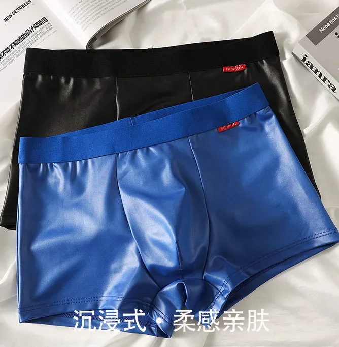 Imitation Leather Underwear Men's Sexy Slim Fit Boxer Shorts Korean Youth Bugle Pouch Undepant Comfortable Sports Trunk Stretch — image 4