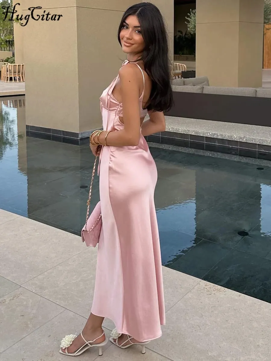 Hugcitar V Neck Solid Slips Backless Hollow Out Lace Up Sexy Bodycon Maxi φόρεμα χορού Καλοκαιρινό Γυναικεία Κομψά ρούχα Πάρτι γενεθλίων — image 3
