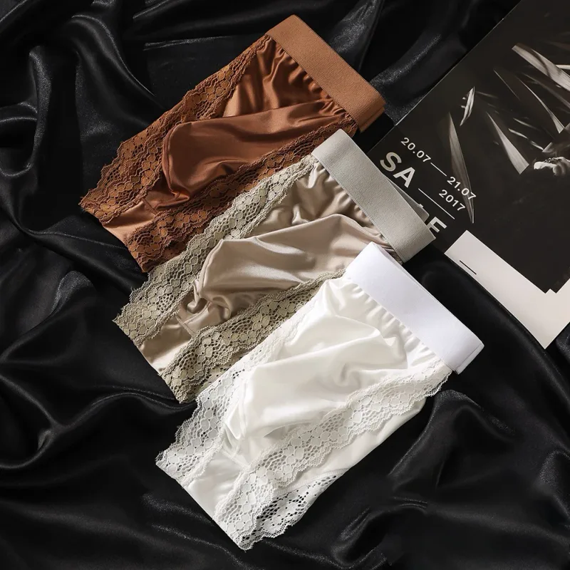 Satin-like Comfortable Men Panties Lace Trim Briefs Sexy High Fork Bikinis Underwear Breathable Low Waist Pouch — image 2