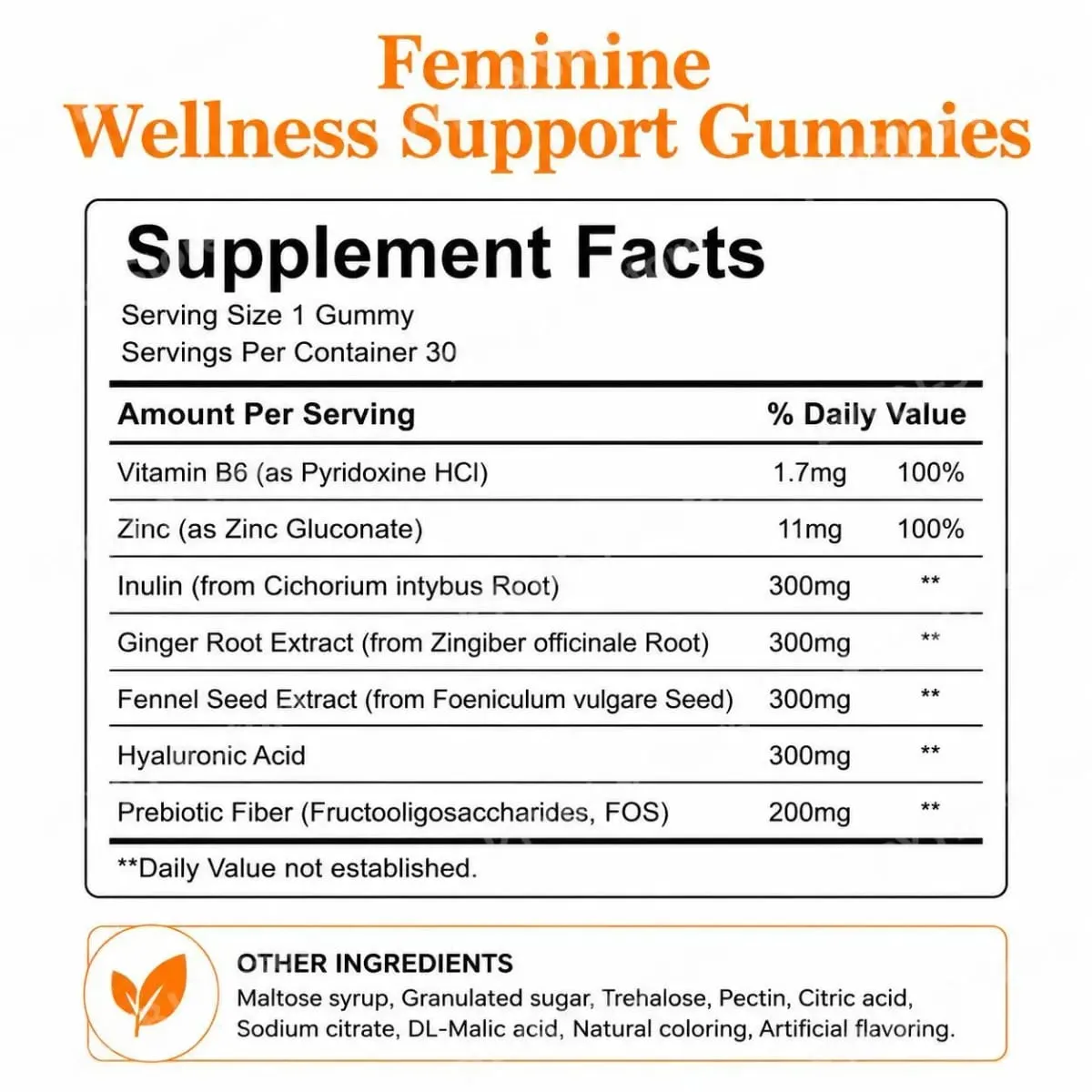 All Femme Chewable Feminine Wellness Support Gummies with Probiotics Prebiotics Hyaluronic Acid Vitamin B6 and Zinc 30 Gummies — image 5
