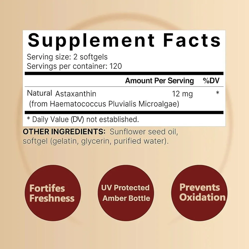 Astaxanthin 12mg Softgels - תוספי נוגדי חמצון Astaxanthin תומכים בעור מפרקי העין ובריאות מחזור הדם שיזוף טבעי