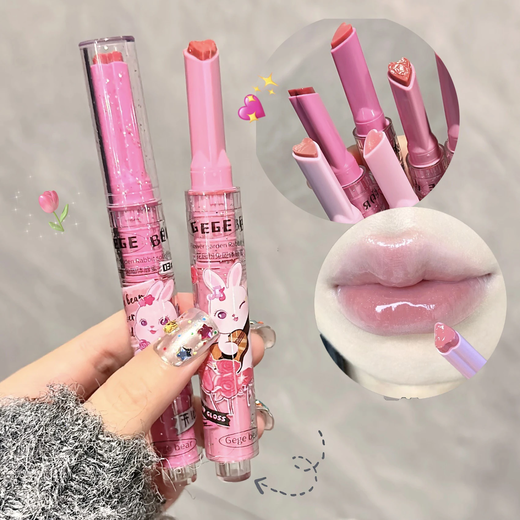 Gege Bear Garden Pink Rabbit Jelly Lip Gloss Solid Lip Glaze Καθρέφτης Γυαλί νερό Ανοιχτό σε σχήμα καρδιάς κραγιόν Κορεάτικη απόχρωση χειλιών — image 4
