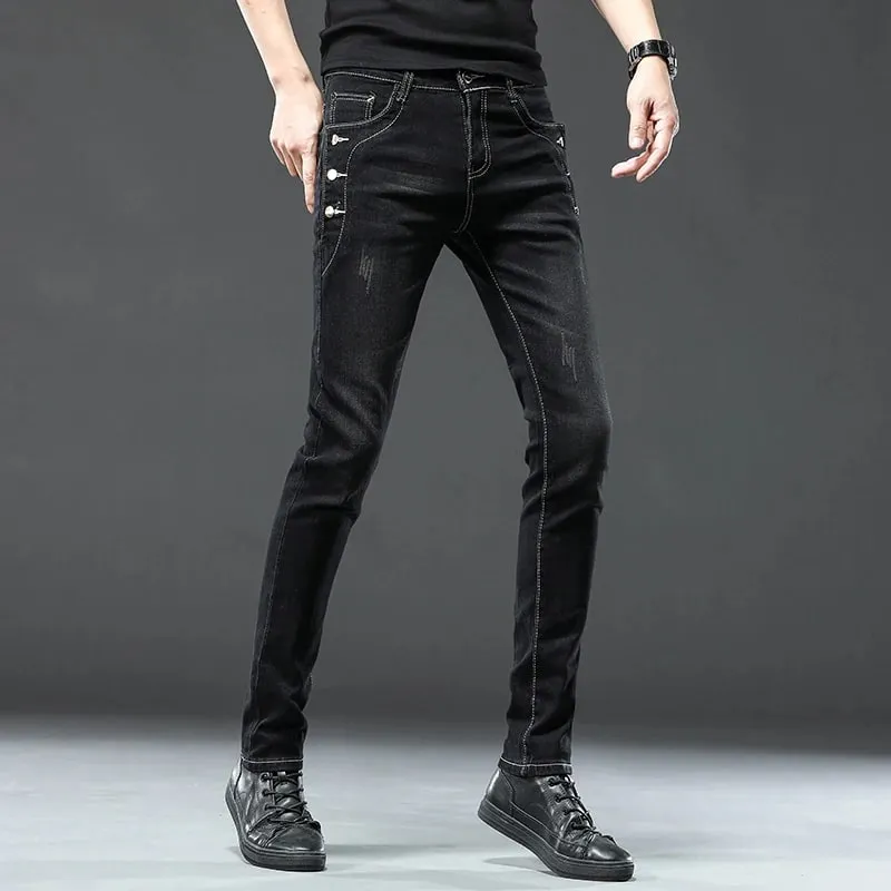 New Men Slim Korean Button Jeans Μαύρο Skinny μονόχρωμο Stretch με πολλά κουμπιά Ανδρικό τζιν παντελόνι Streetwear