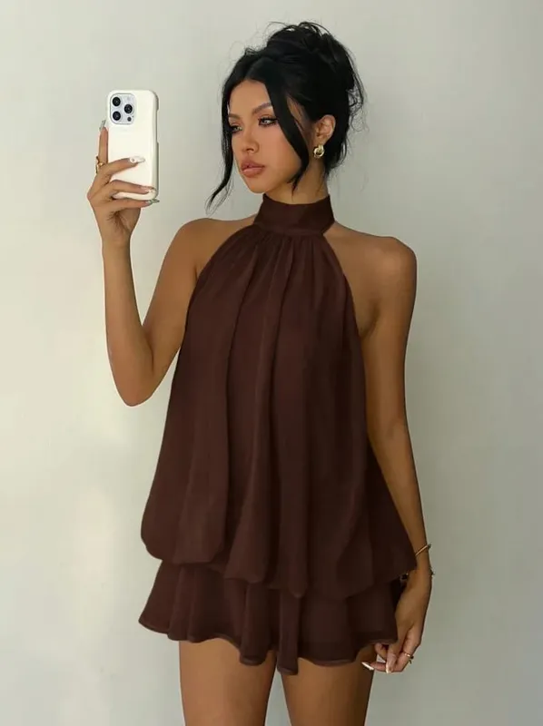 חופשת נשים אופנה Slim Fit אופנה סקסית ללא גב הלטר עניבה מותן שמלה צבע אחיד צדדי קיץ מסוגננת ונוחה