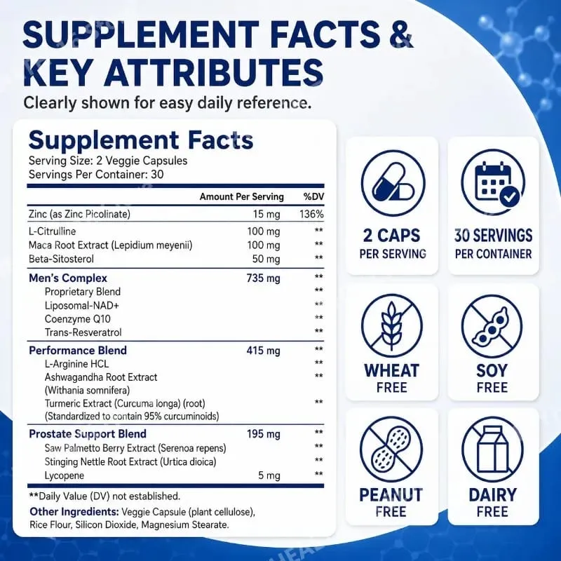 NAD+ Férfi Komplex Kapszula Cellular Energy Support Resveratrol Maca Prosztata egészségének és vizeletürítési kényelmének támogatása 60 kapszula — image 2