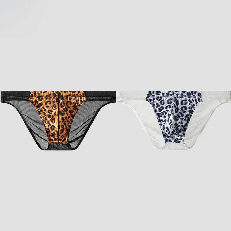 2-Piece Set! Leopard Panties Men's Net Yarn Transparent sexy Briefs Men's Trend Personality Breathable Sports Shorts