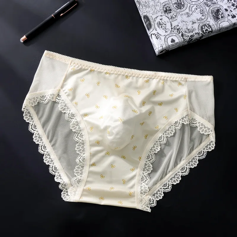 Large Size Mens Sissy Satin Panties Sexy Scalloped Lace Sheer Briefs Glossy Lingerie Mid Rise Lace Bow U Convex Pouch Underpant — image 22