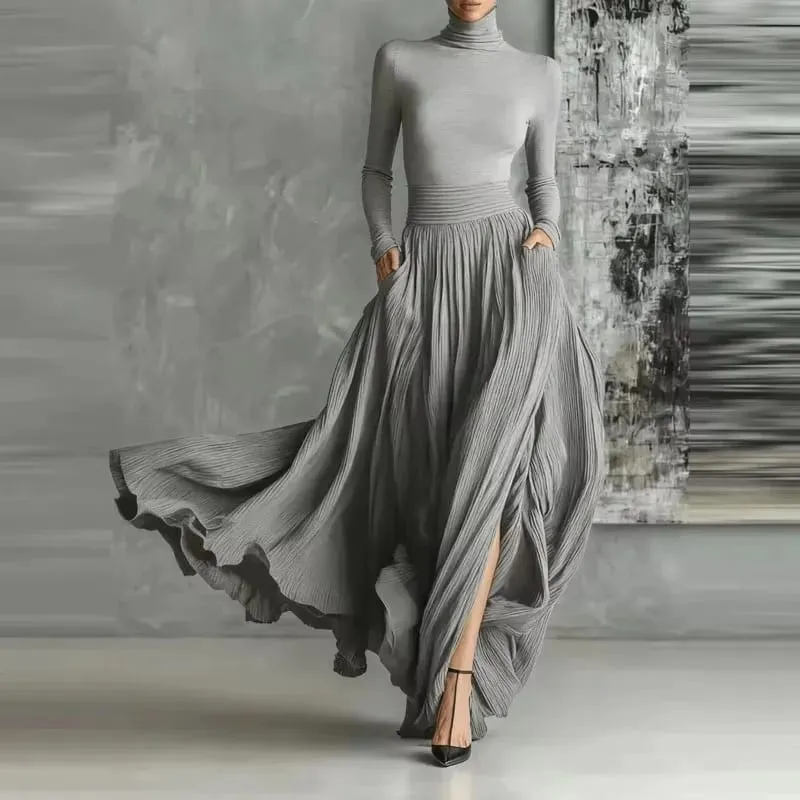 France Elegant Σετ φούστας δύο τεμαχίων για γυναικείες τσέπες Μασίφ μινιμαλιστικό σπαστό στρίφωμα πτυχωτό A Line Vintage ζιβάγκο λεπτές φόρμες — image 3