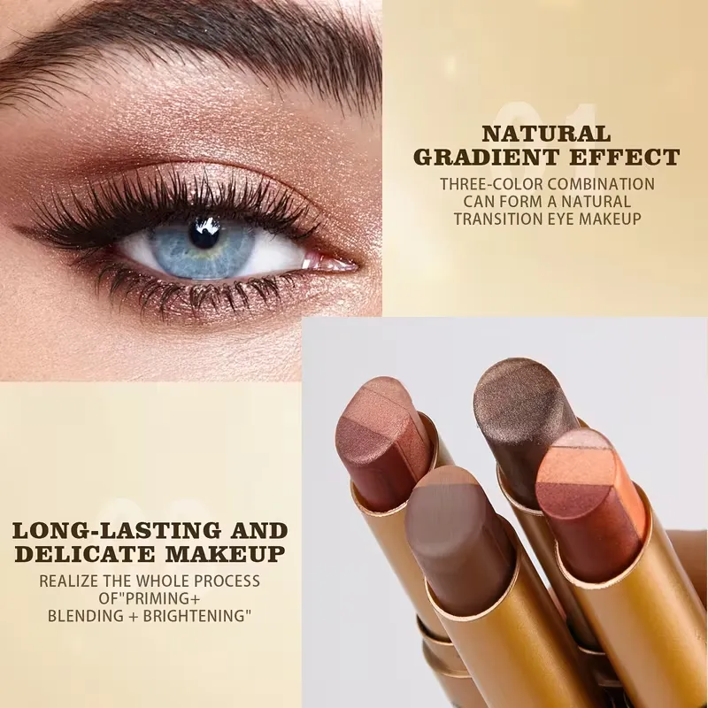 Glitter 3-Color Gradient Eyeshadow Stick Pencil Three Tone Shimmer Metallic Lazy Eye Shadow Pen Waterproof 3 in 1 Eye Makeup