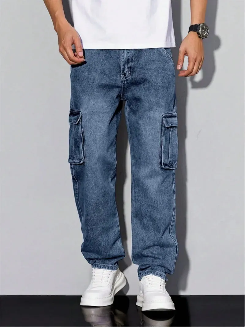 Men's Blue Cargo Jeans Spring New Multi-Pocket Loose Fit Denim Pants Streetwear Hip Hop Casual Versatile Daily Fashion Trousers — image 8