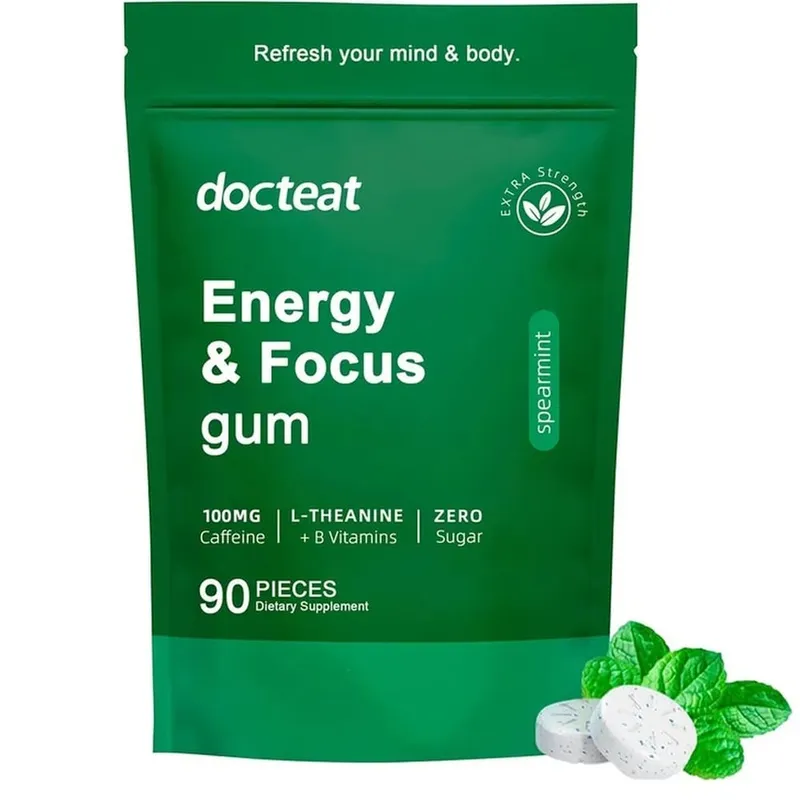 Docteat Energy & Focus Gum rágótabletta cukormentes zöld kávé kivonattal L-teanin B6+B12 vitamin 90 rágótabletta