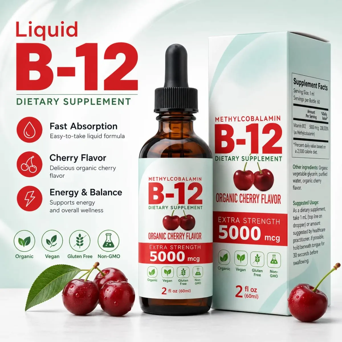 Vitamin B12 Drops 5000mcg Υγρό Υπογλώσσιο Συμπλήρωμα Μεθυλοκοβαλαμίνης Γεύση Κεράσι Vegan Χωρίς Ζάχαρη Καθημερινή Διατροφή 60ml — image 2