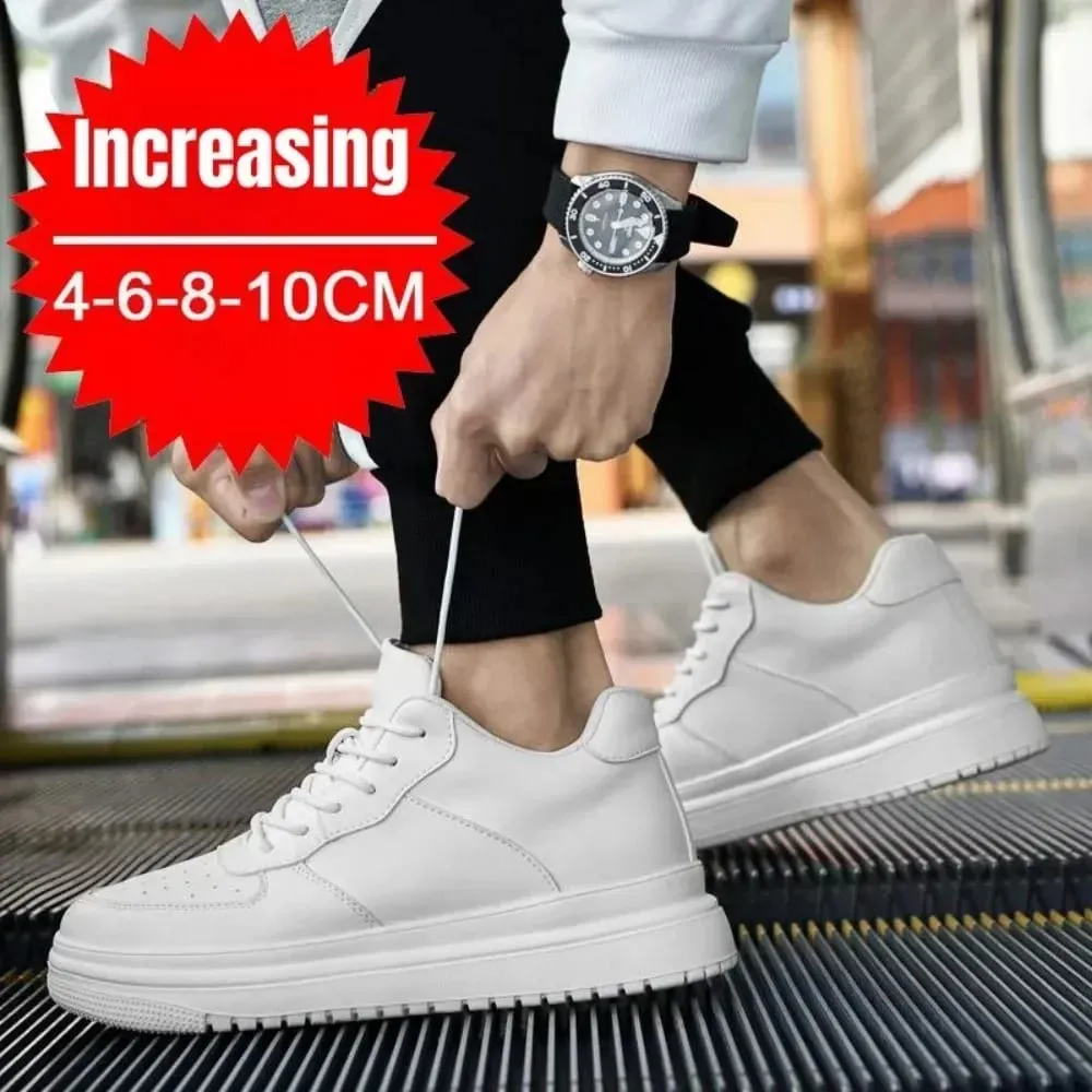 Νέα Ανδρικά Παπούτσια Αύξησης Ύψους 10cm Αόρατα Αθλητικά Ασανσέρ Λευκό Δερμάτινο Sport Zapatillas De Hombre Big Size 46