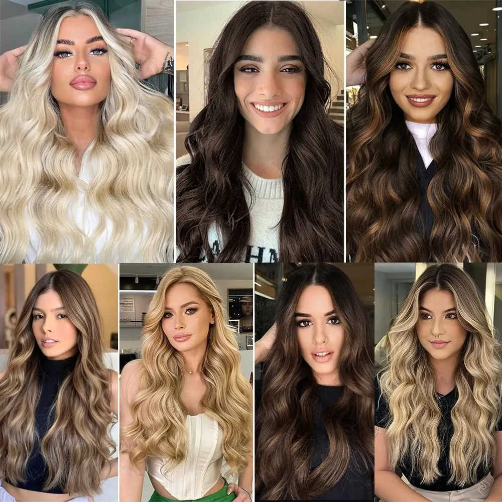 שני קליפס תוספות שיער חוט בלתי נראים סינתטי ארוך גלי שחור חום אחד חתיכה כוזבת תוספות שיער לנשים