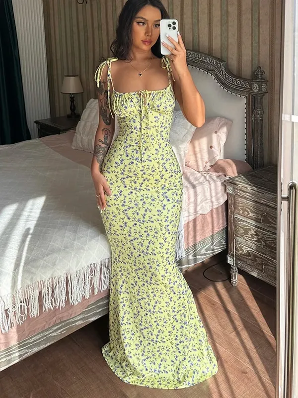 Hugcitar Floral Print Sleeveless Backless Slips Lace Up Maxi Dress Sexy Bodycon Summer Elegant Outfits Holiday Party Wholesale — image 9