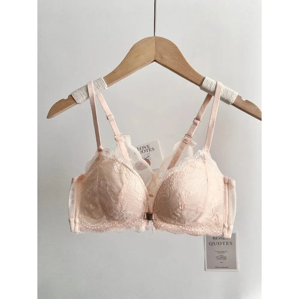 Women Small Bust Lace Bra Set Front Closure Wireless Beautiful Back Push‑Up Brassiere Soft Daily Lingerie Underwear Size 32‑38AB — image 2
