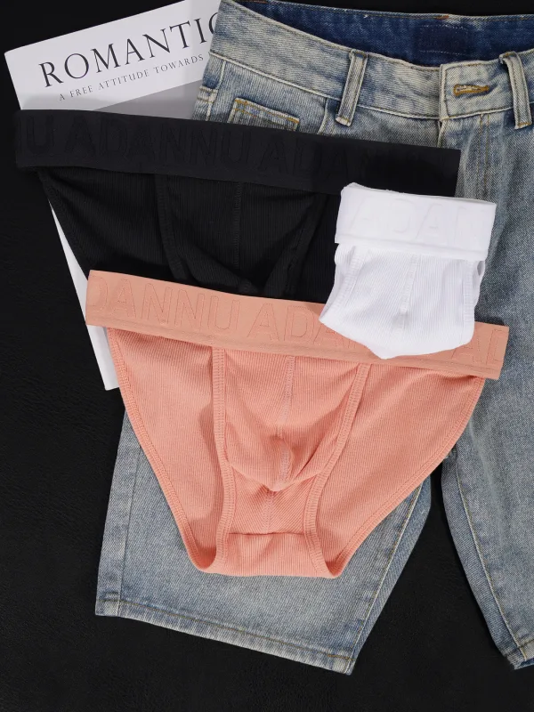 Men's Cotton Ribbed Skin-Friendly Bare Feel Convex Pouch Briefs, Embossed Letter Wide Waistband Slim Fit Underwear — image 7
