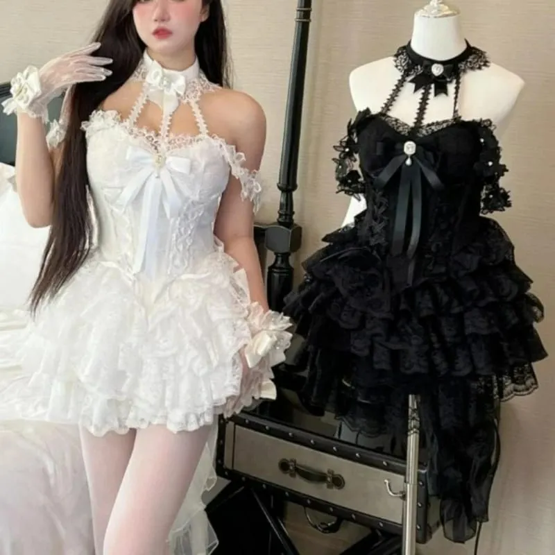 Ιαπωνικό βικτοριανό γλυκό φόρεμα Lolita Γυναικείο Harajuku Y2k Φιόγκο με δαντέλα με λαιμόκοψη Μίνι φορέματα βραδινού πάρτι Kawaii Black Red Deess — image 2