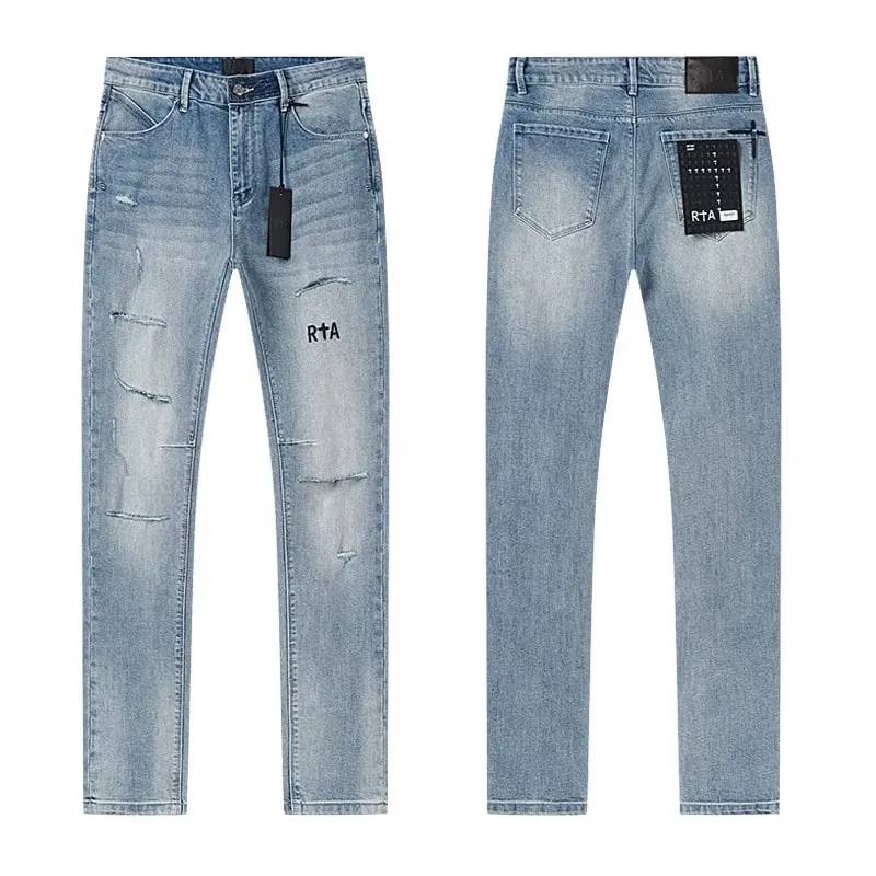 Új RTA Destroyed Scratch Hole Világoskék Distressed Farmer Férfi High Street Elasztikus Slim Fit Farmer 2026 márka nadrág utcai viselet